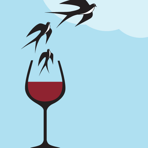 glass of wine with birds